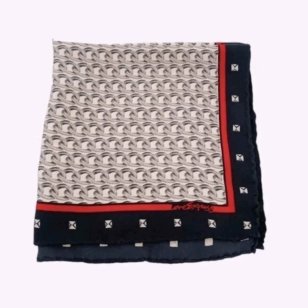 Love Express Black White Red Chain Print Silk Bandana Scarf 16
